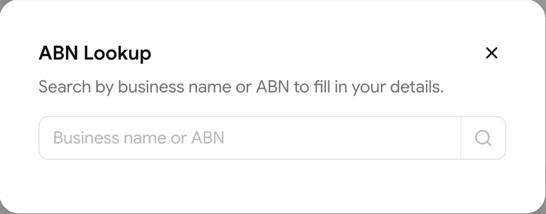 ABN Lookup dialog with an empty Business name or ABN search box