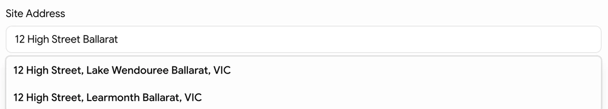 Site Address field with a part-typed address and two matching Ballarat suggestions below it