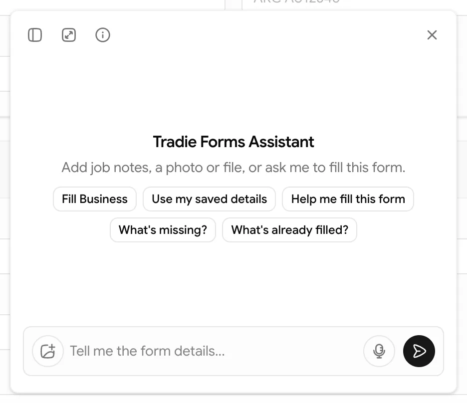Floating Tradie Forms Assistant panel with layout, size, information, attachment, microphone, and send controls