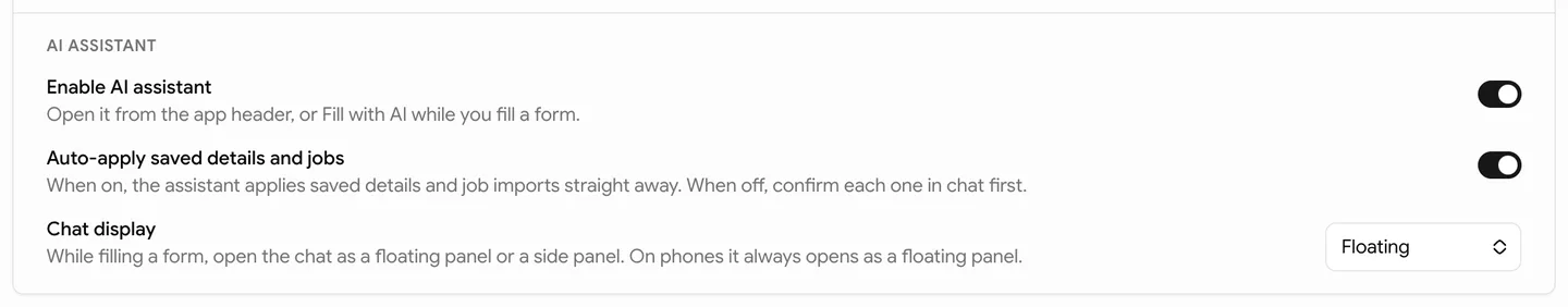 AI assistant settings showing enable, auto-apply, and chat display controls