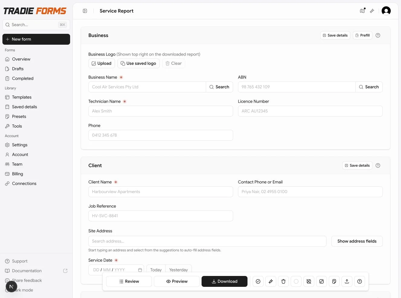 Tradie Forms editor showing a filled Business section, the form progress panel, and the full form toolbar