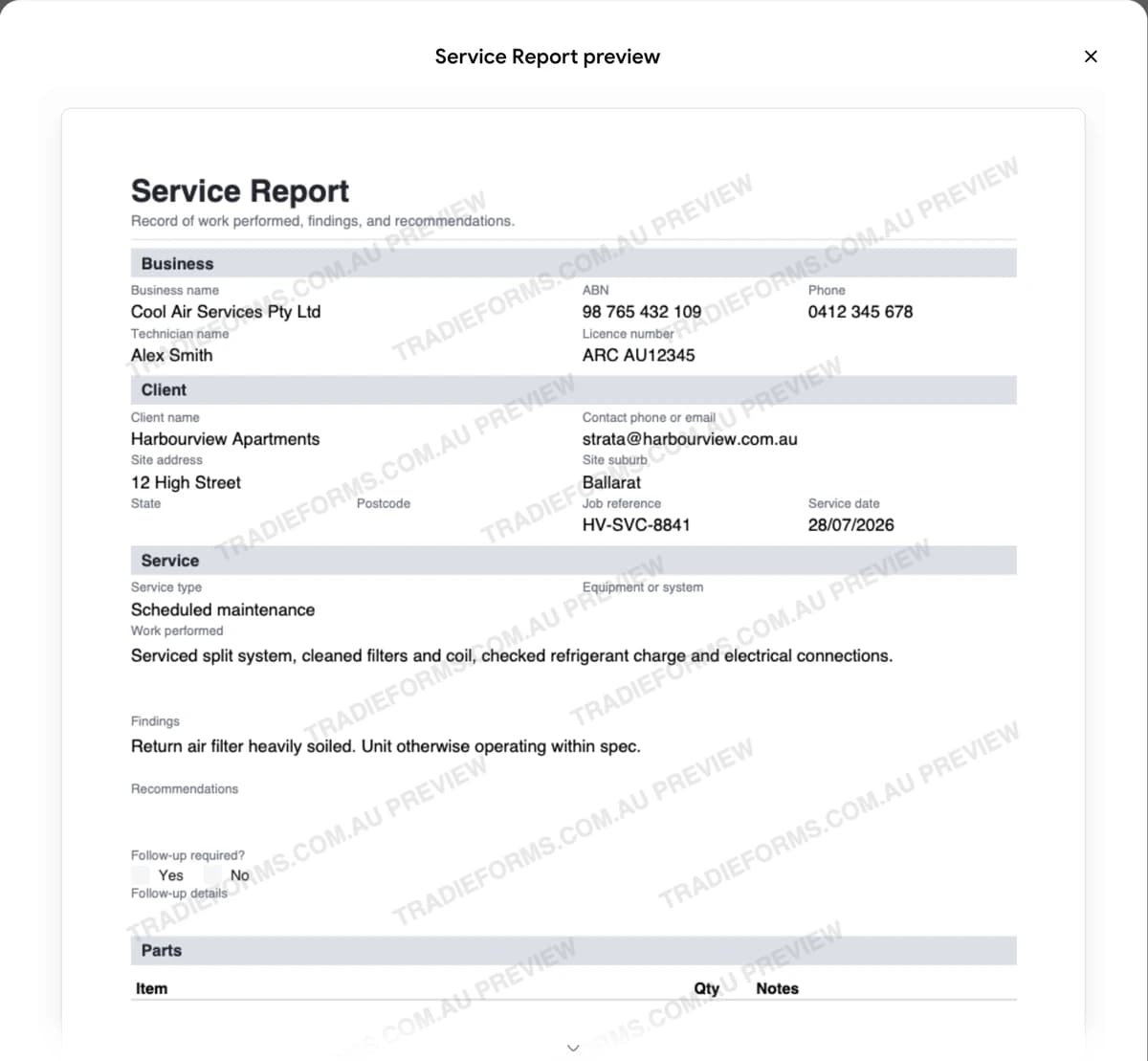 Service Report PDF preview showing filled business, client, and service sections behind a repeating Tradie Forms preview watermark