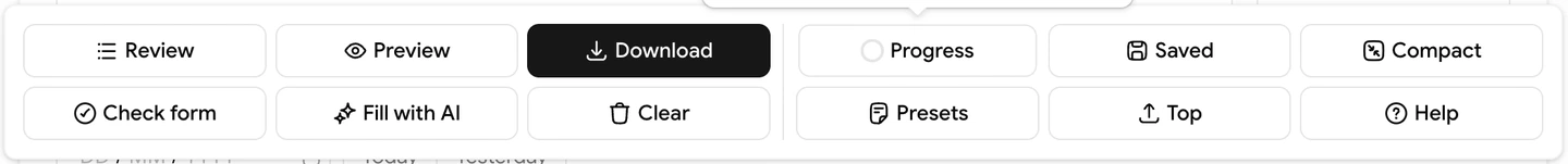 Form toolbar with Review, Preview, Download, Check form, and other form actions