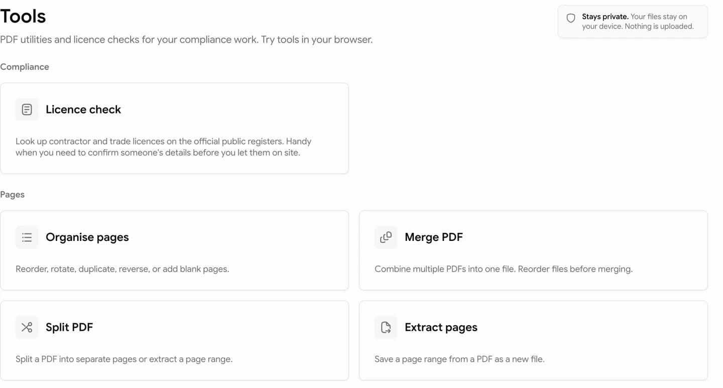 Tools page with Licence check under Compliance, then Organise pages, Merge, Split, and Extract under Pages