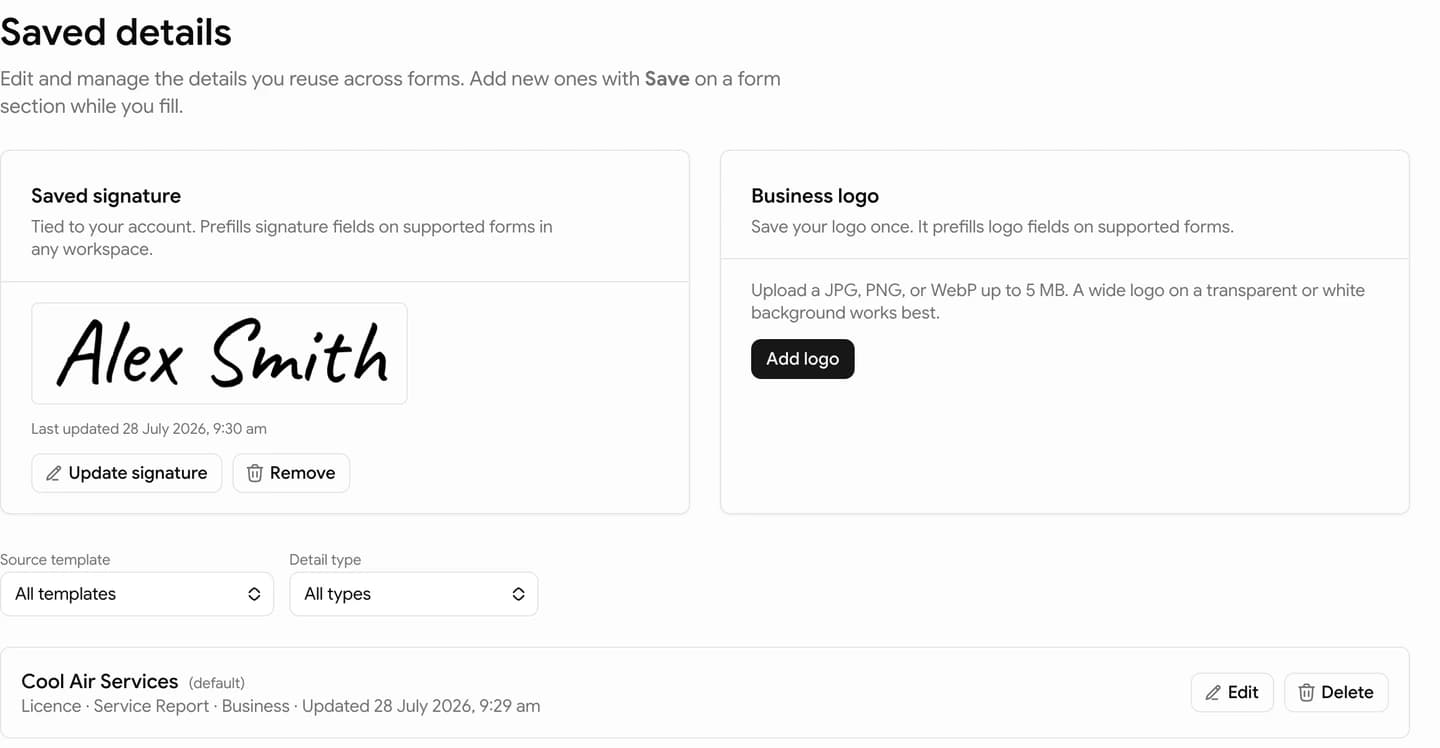 Tradie Forms Saved details page with the signature and logo cards above the form details list