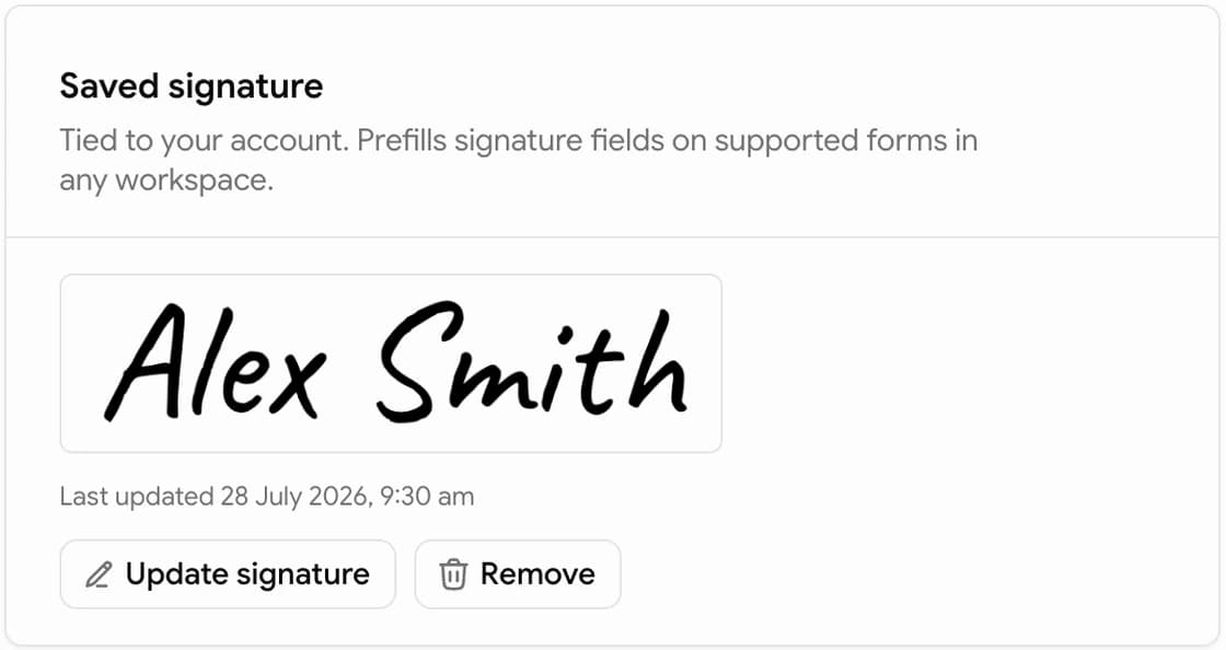 Saved signature card showing a stored signature with Update signature and Remove buttons