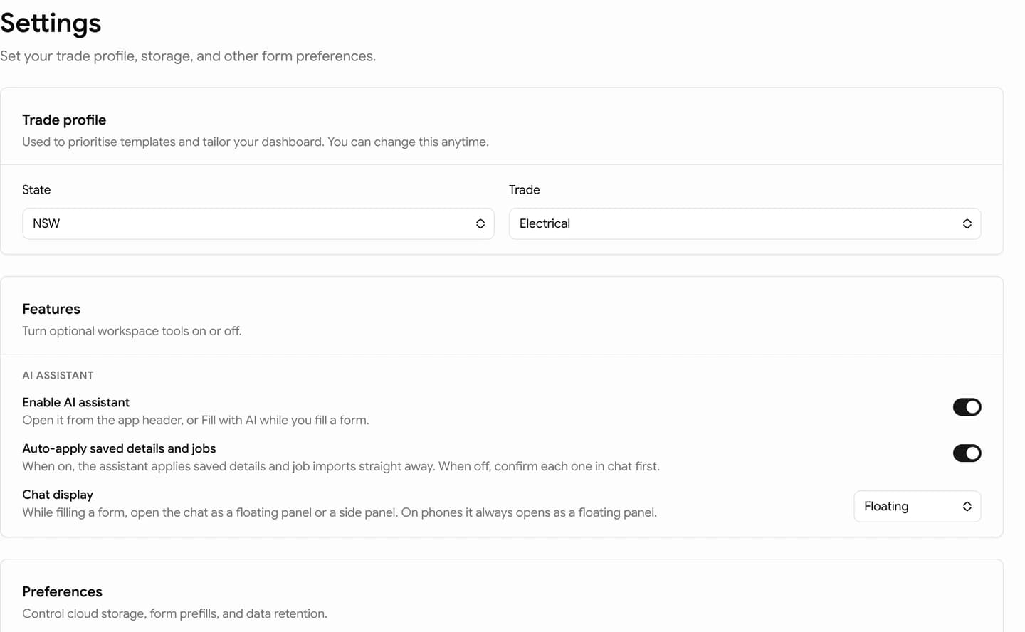 Settings page showing the trade profile card above the Features card
