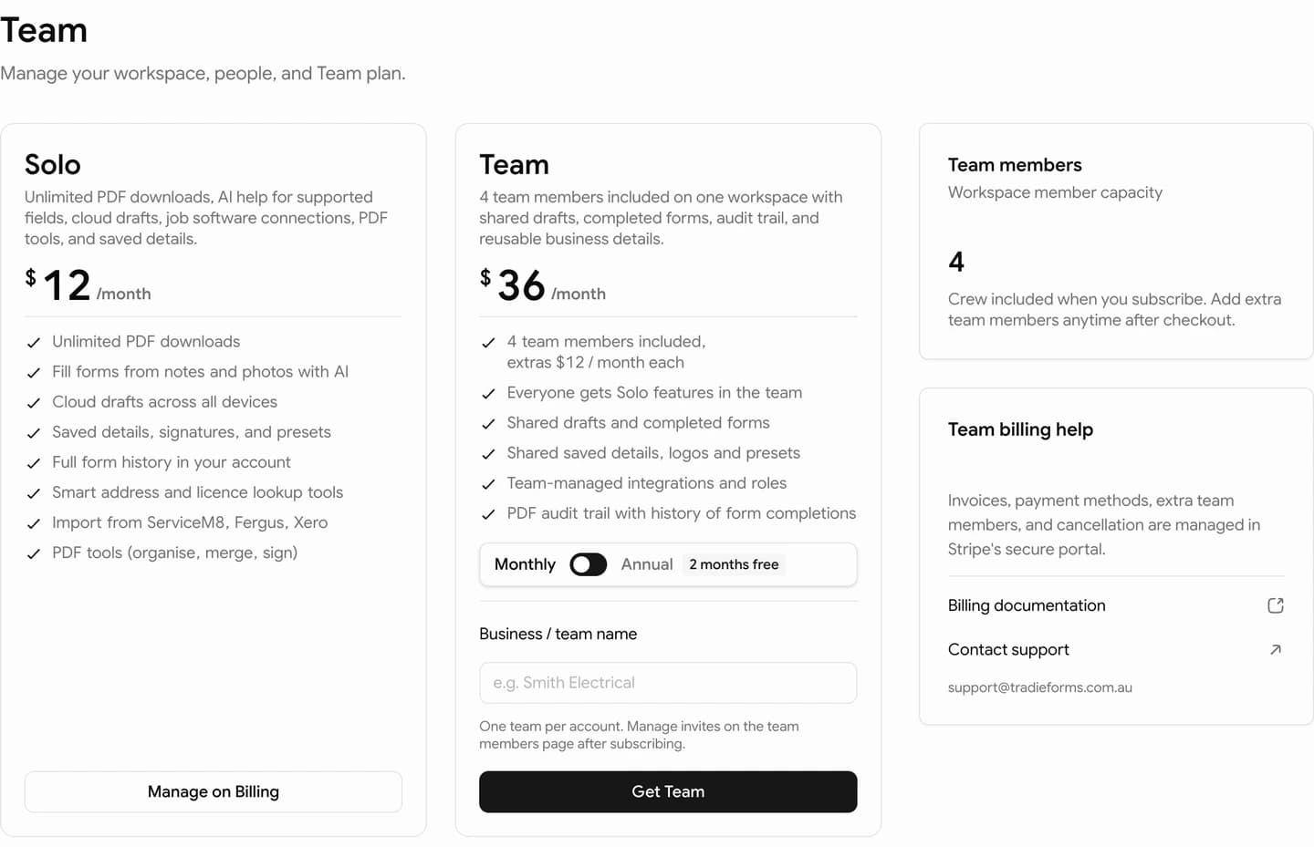 Team page comparing the Solo and Team plans side by side, with a monthly and annual billing toggle