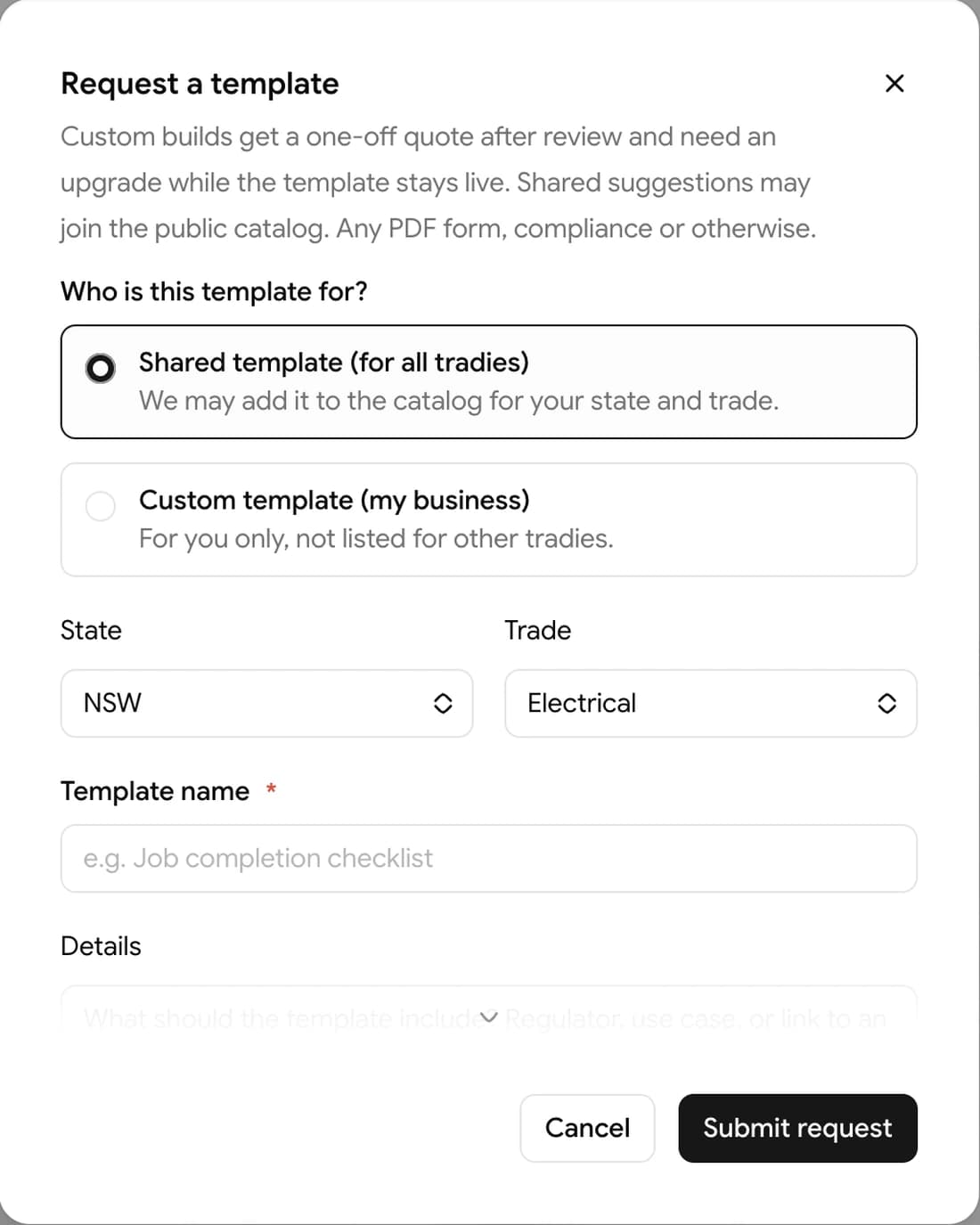 Request a template dialog with shared and private template options