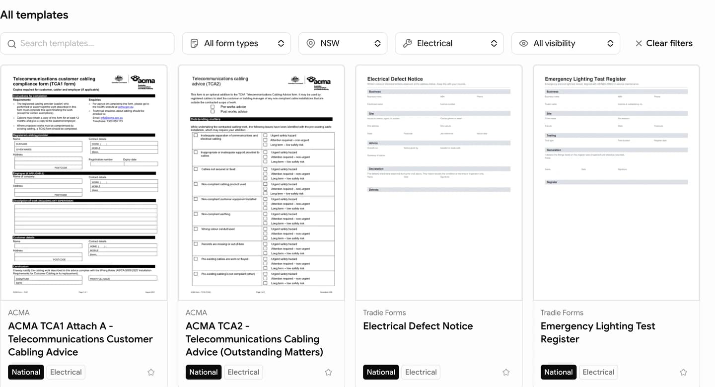 Tradie Forms template library with search and form filters