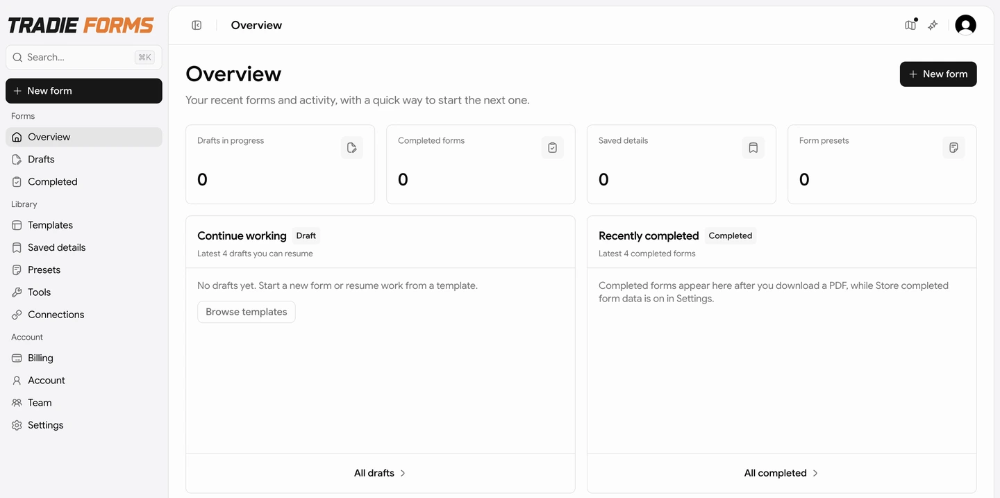 Tradie Forms app sidebar with the Forms, Library, and Account groups beside the Overview page