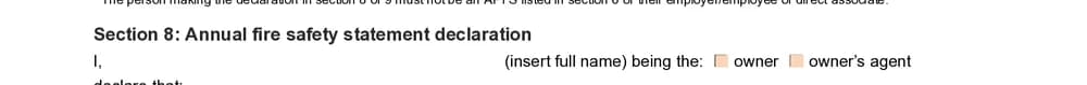 Owner and owner's agent tick boxes in the annual fire safety statement declaration