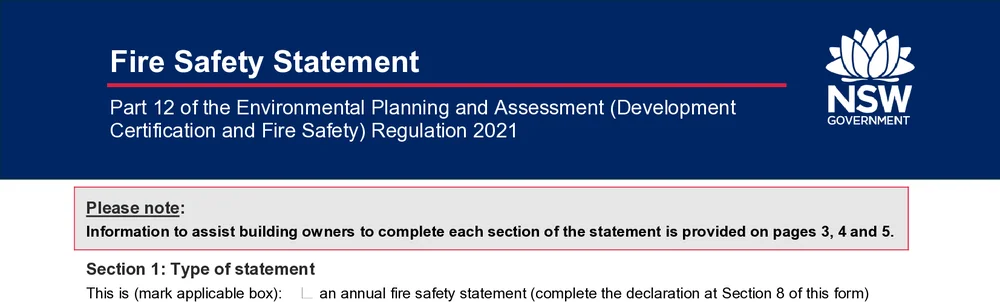 Fire Safety Statement title and annual or supplementary statement type block at the top of the NSW form