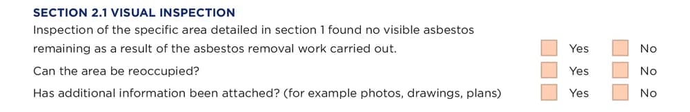 Visual inspection outcome tick boxes on the SafeWork NSW clearance certificate: no visible asbestos remaining, area can be reoccupied, additional information attached