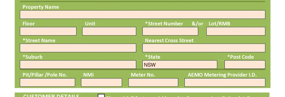 Installation address block on the NSW CCEW, covering property name, unit, street, suburb, state, postcode, NMI and meter number