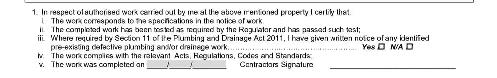 Certificate of Compliance declaration listing what the licensee certifies, including the defect notice tick and the date work was completed