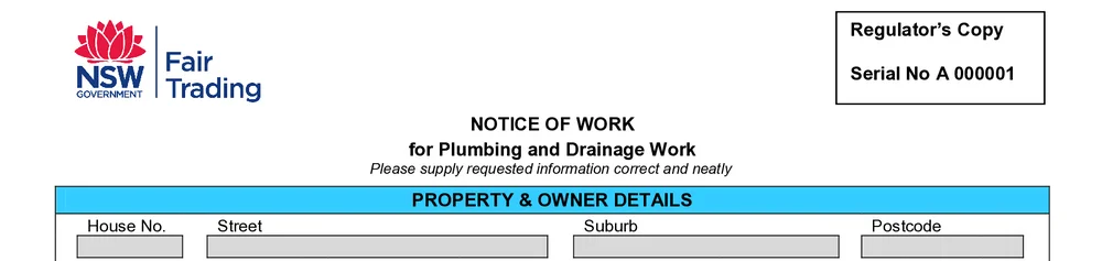 Notice of Work heading on page one of the NSW Combined Notice, with blue section headers