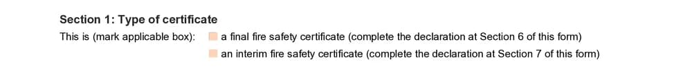 Final and interim tick boxes on the NSW fire safety certificate