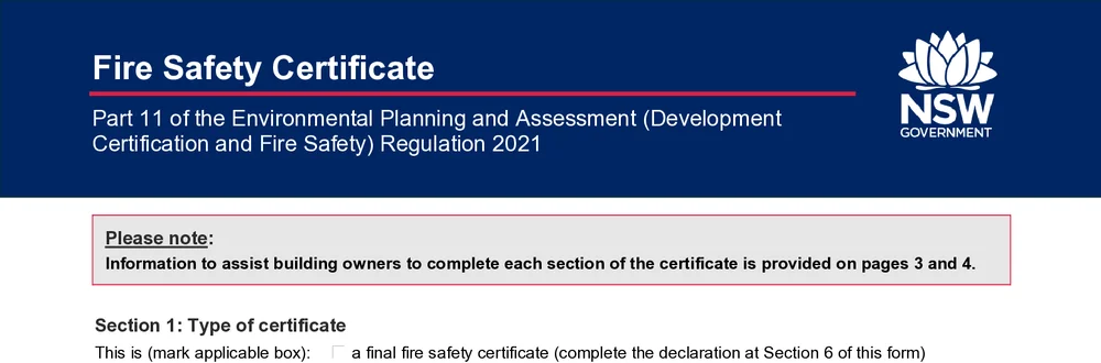 Fire Safety Certificate title and certificate type block at the top of the NSW form