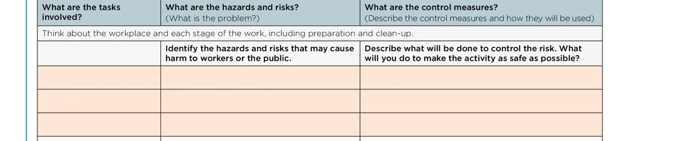 Task, hazards and risks, and control measures columns on the SafeWork NSW safe work method statement