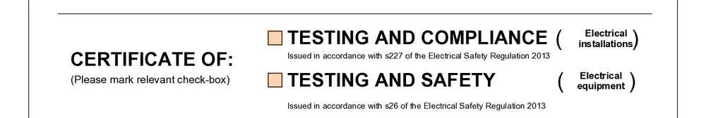 The two certificate type tick boxes on the Queensland certificate: testing and compliance for installations, testing and safety for equipment