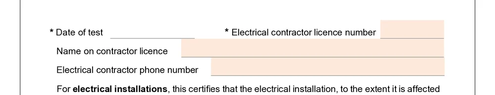 Electrical contractor name, licence number and phone fields on the Queensland certificate