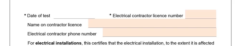 Electrical contractor name, licence number and phone fields on the Queensland certificate