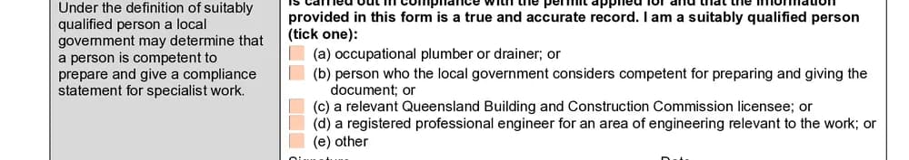 Kind of qualified person tick boxes on the Queensland Form 12: occupational plumber or drainer, local government competent person, QBCC licensee, registered engineer, and other