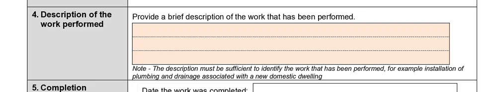 Three-line description of work performed on the Queensland Form 14 compliance declaration, with the printed note on what the description must identify
