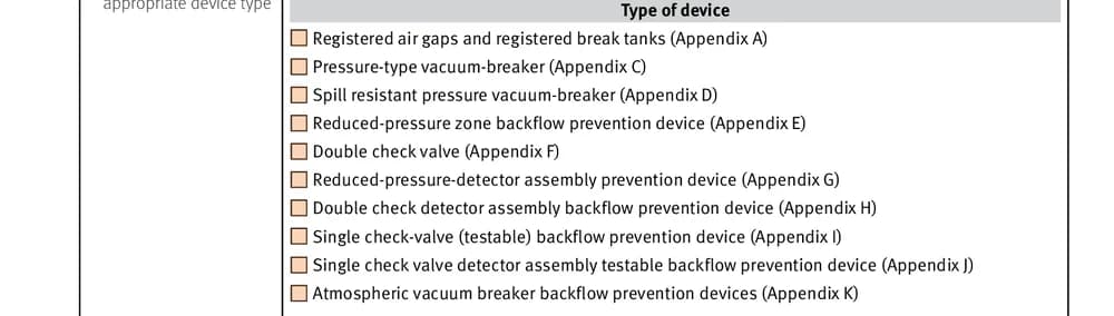 Device type tick boxes on the Queensland Form 9, listing each testable backflow prevention device the record can cover
