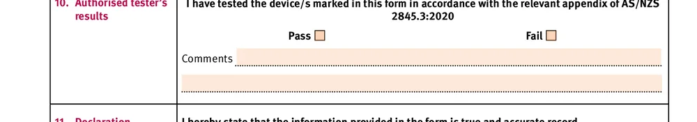Pass and fail tick boxes for the tester result on the Queensland Form 9