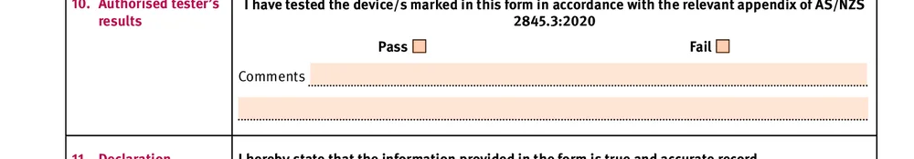 Pass and fail tick boxes for the tester result on the Queensland Form 9