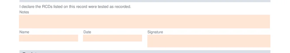 Declaration block on the RCD test record, with the tester name, date and notes fields