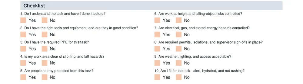 The ten yes and no check boxes on the Take 5, covering the questions a worker answers before starting the task