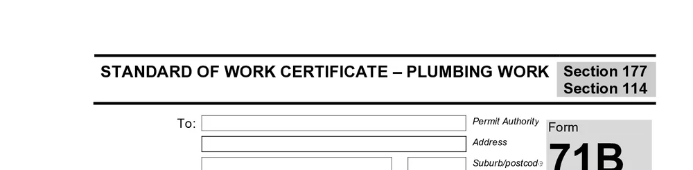 Certificate of the Standard of Work title block at the top of the Tasmanian Form 71B