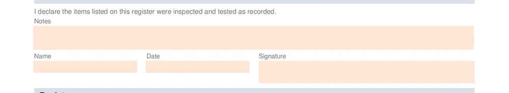 Declaration block on the test and tag register, with the tester name, date and notes fields
