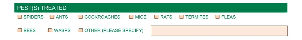 Pests treated tick boxes on the Victorian pesticide application record, covering termites, ants, cockroaches, spiders, rats, mice, fleas, bees, wasps and an other line
