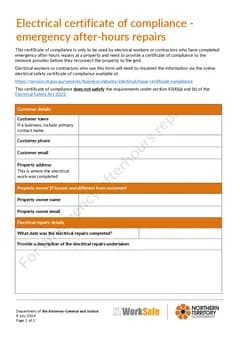 NT Emergency Repairs CoC form