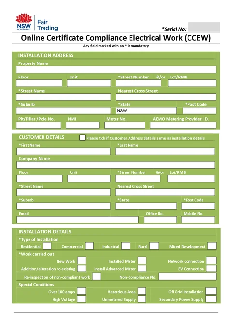 NSW electrical CCEW form preview