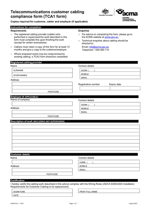 ACMA TCA1 form preview