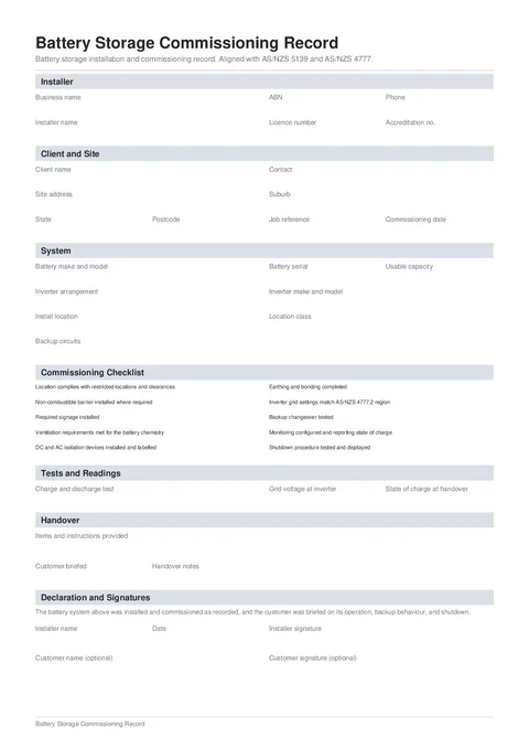 Battery Commissioning form preview