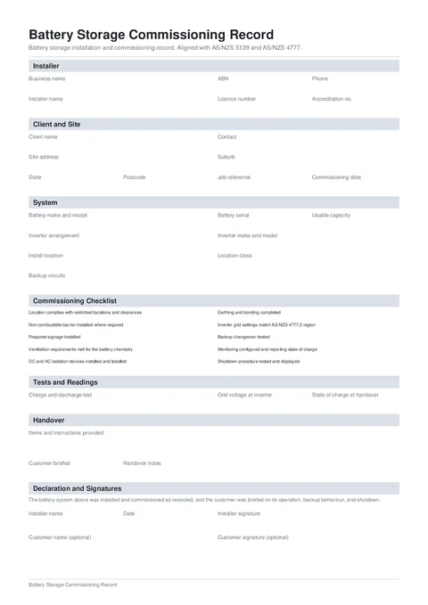 Battery Commissioning form preview