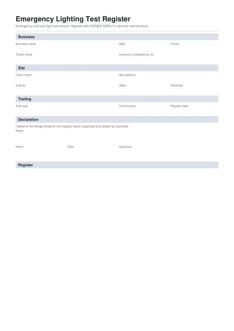 Emergency Lighting Register form preview