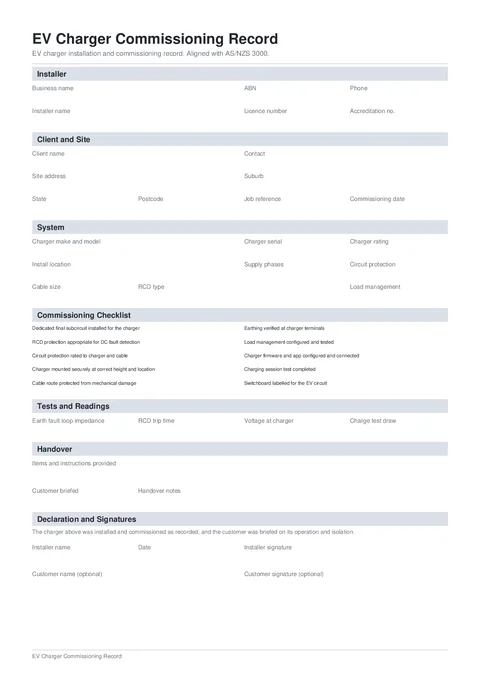 EV Charger Commissioning form preview