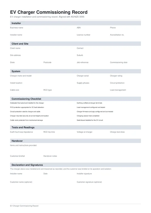 EV Charger Commissioning form preview