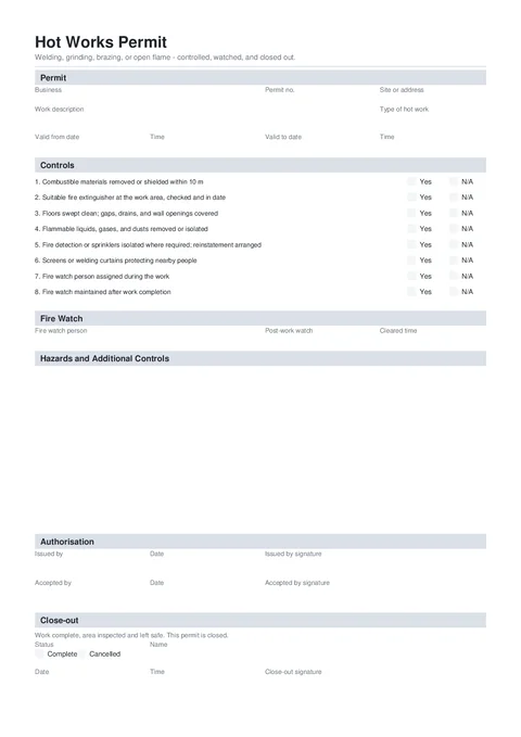 Hot Works Permit form preview