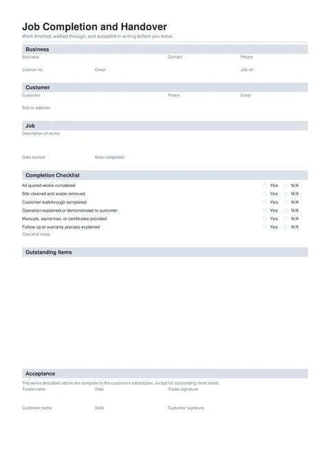 Job Handover form preview