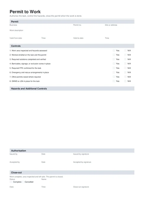 Permit to Work form preview