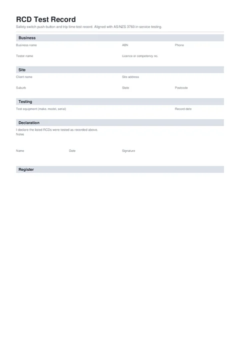 RCD Test Record form preview
