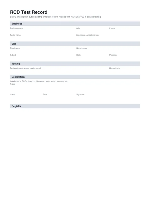RCD Test Record form preview